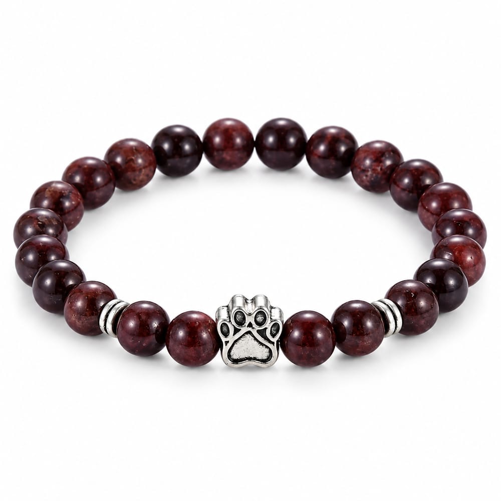 Garnet Stone Paw Charm Beaded Bracelet