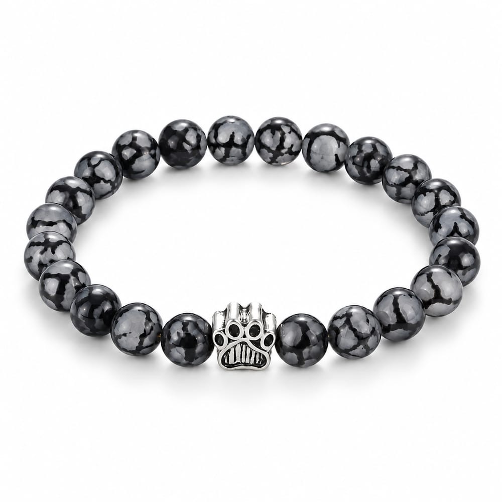Black Marble Paw Charm Beaded Bracelet