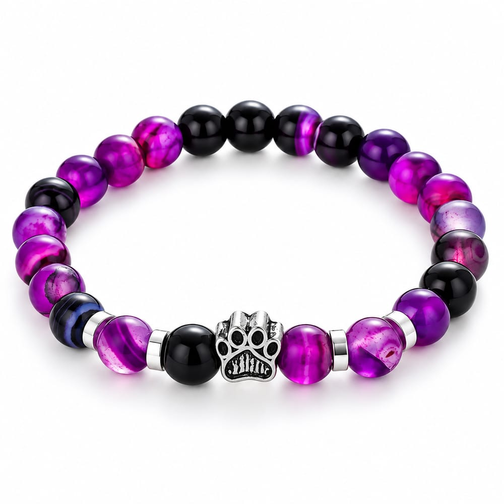 Purple Stone Paw Charm Beaded Bracelet
