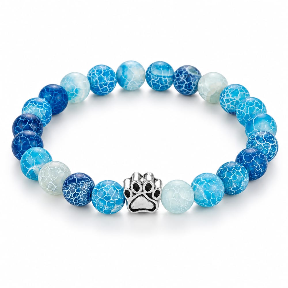 Blue Crackle Stone Paw Charm Beaded Bracelet