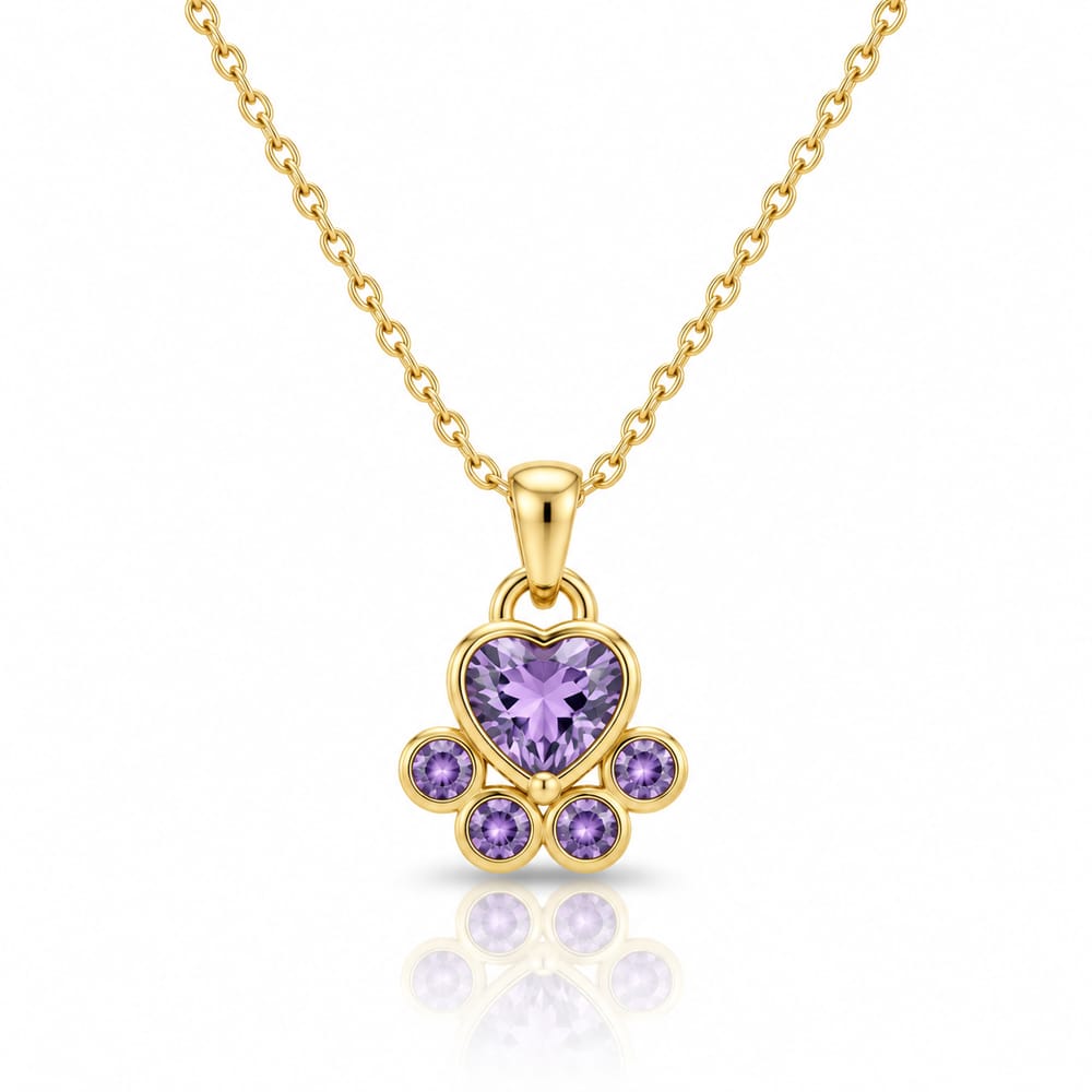 Purple Crystal Paw Heart Pendant Necklace
