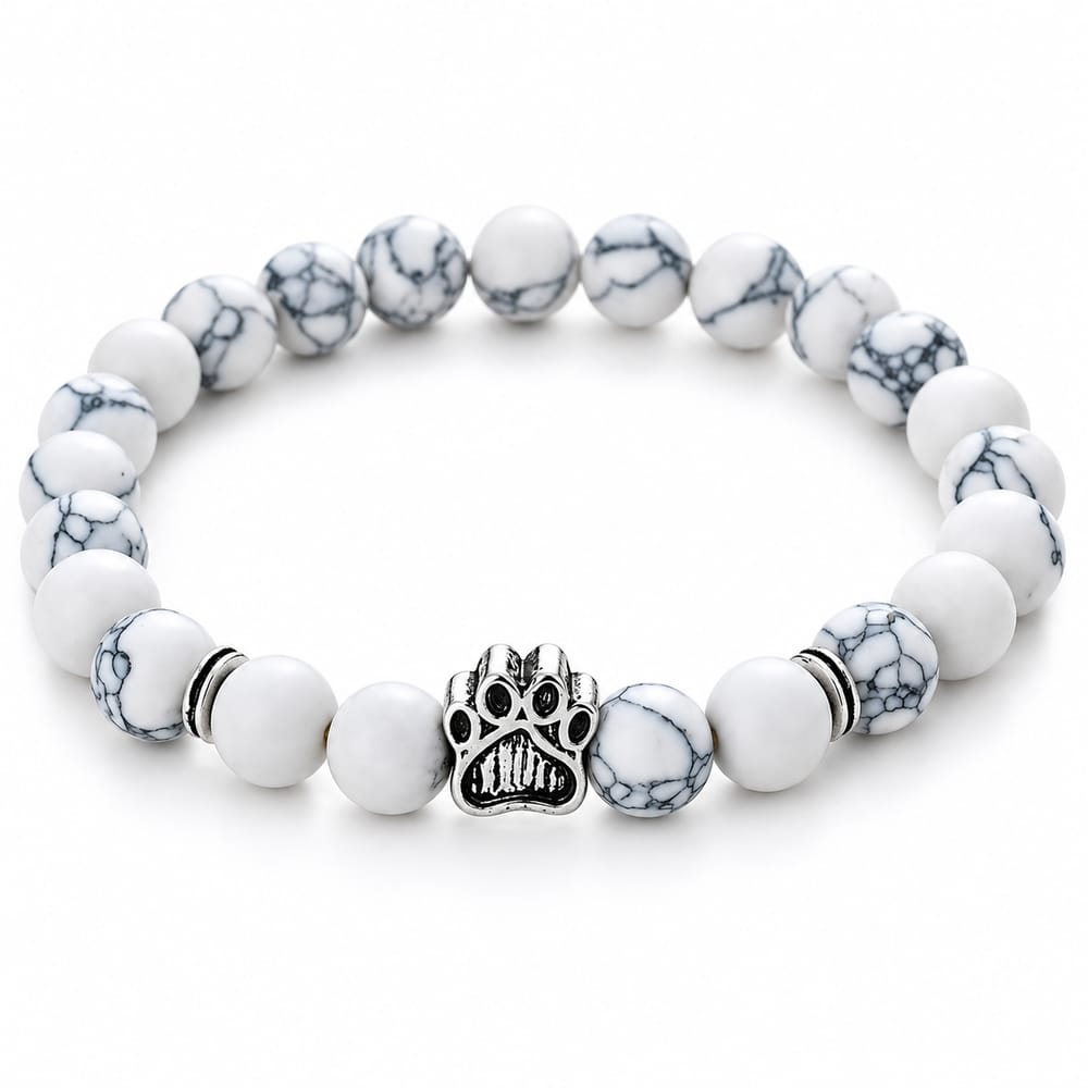 White Marble Paw Charm Beaded Bracelet