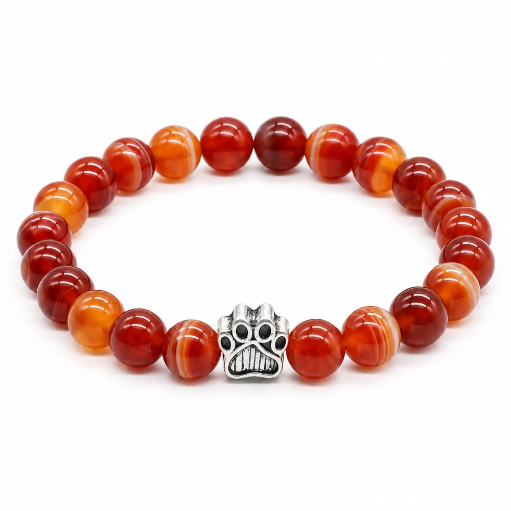 Red Banded Stone Paw Charm Beaded Bracelet