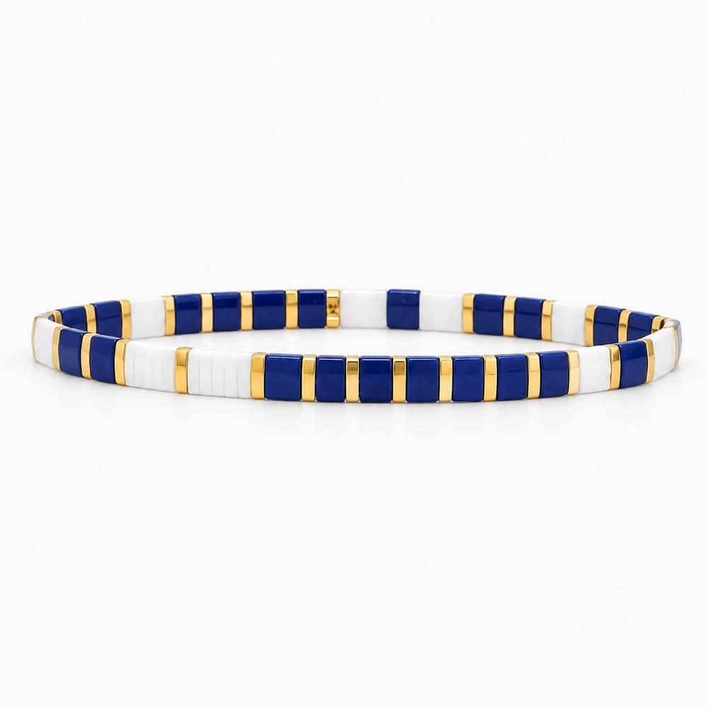 Navy Blue & White Tile Beaded Bracelet